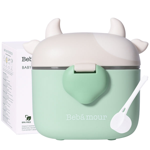Bebamour Baby Milk Powder Dispenser Cute Dairy Cow Portable Milk Powder Storage Container for Travel Outdoor Activity Airtight Food Snacks Box with Lid, Leveler and Spoon, 450ML