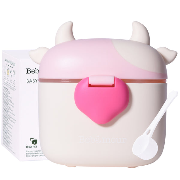 Bebamour Baby Milk Powder Dispenser Cute Dairy Cow Portable Milk Powder Storage Container for Travel Outdoor Activity Airtight Food Snacks Box with Lid, Leveler and Spoon, 450ML