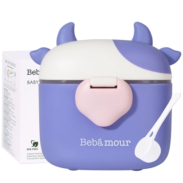 Bebamour Baby Milk Powder Dispenser Cute Dairy Cow Portable Milk Powder Storage Container for Travel Outdoor Activity Airtight Food Snacks Box with Lid, Leveler and Spoon, 450ML