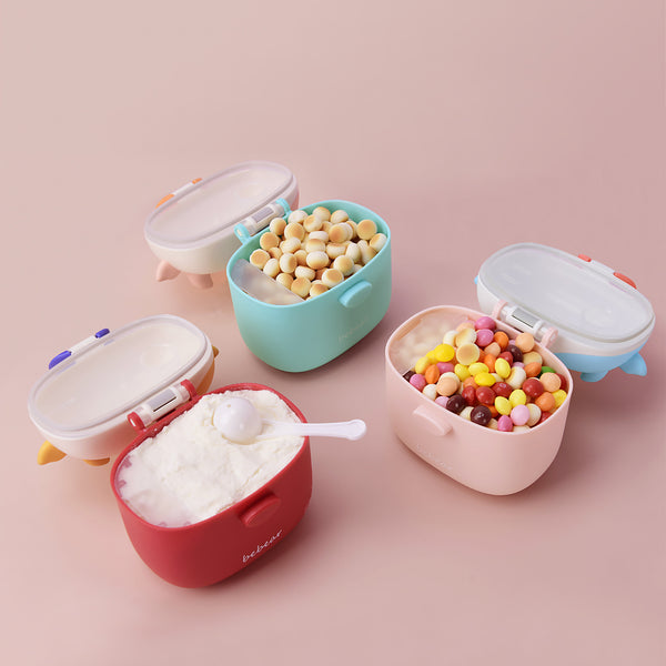 Bebamour Baby Milk Powder Dispenser Cute Dairy Cow Portable Milk Powder Storage Container for Travel Outdoor Activity Airtight Food Snacks Box with Lid, Leveler and Spoon, 450ML