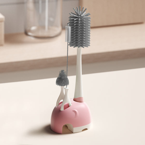 Bebamour Stand Baby Bottle Brushes for Cleaning 4 in 1 Soft Baby Bottle Brush, Teat Brush, Straw Cleaner, Water Storage Tray for Stand Bottle Brushes Cleaner Set