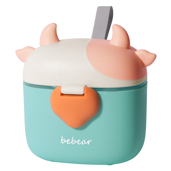 Bebamour Baby Milk Powder Dispenser Cute Dairy Cow Portable Milk Powder Storage Container for Travel Outdoor Activity Airtight Food Snacks Box with Lid, Leveler and Spoon, 450ML