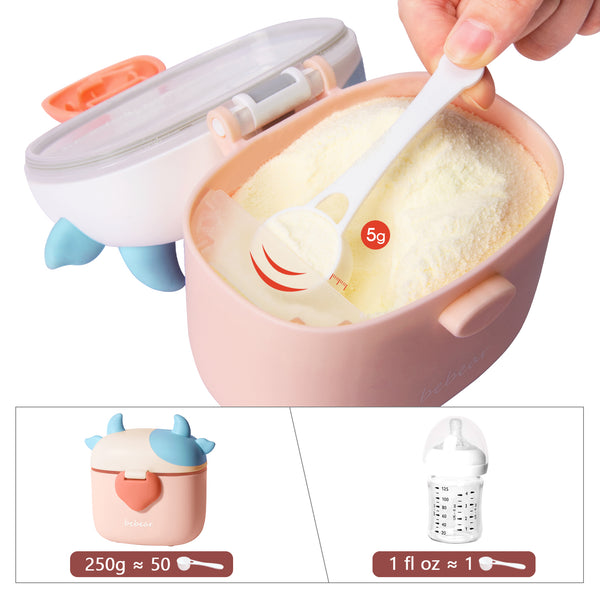 Bebamour Baby Milk Powder Dispenser Cute Dairy Cow Portable Milk Powder Storage Container for Travel Outdoor Activity Airtight Food Snacks Box with Lid, Leveler and Spoon, 450ML
