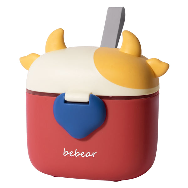 Bebamour Baby Milk Powder Dispenser Cute Dairy Cow Portable Milk Powder Storage Container for Travel Outdoor Activity Airtight Food Snacks Box with Lid, Leveler and Spoon, 450ML