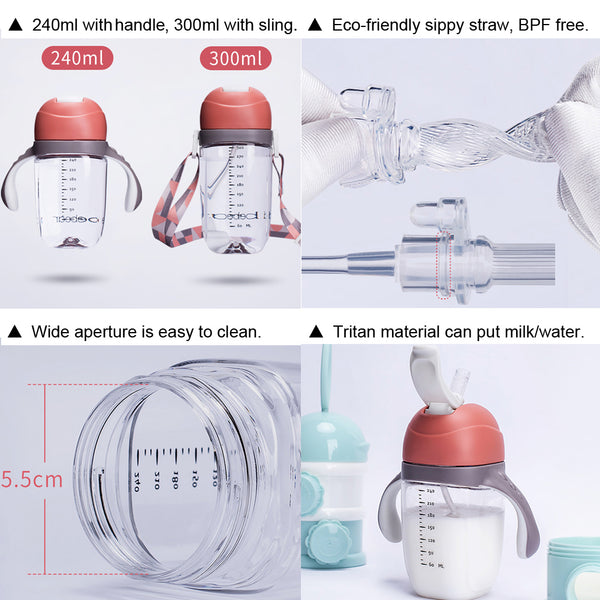 Bebamour Sippy Cup for Baby 6-12 Months Spill-Proof Sippy Cup with Straw for Kids Water Bottle with Soft Silicon Spout Cup for Toddlers, BPA Free, 240ML&300ML