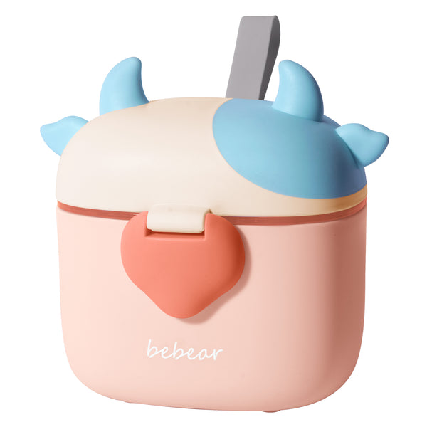 Bebamour Baby Milk Powder Dispenser Cute Dairy Cow Portable Milk Powder Storage Container for Travel Outdoor Activity Airtight Food Snacks Box with Lid, Leveler and Spoon, 450ML