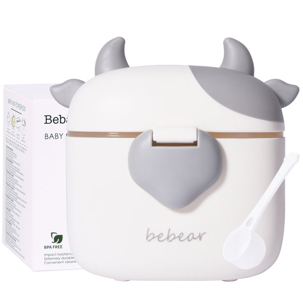Bebamour Baby Milk Powder Dispenser Cute Dairy Cow Portable Milk Powder Storage Container for Travel Outdoor Activity Airtight Food Snacks Box with Lid, Leveler and Spoon, 450ML