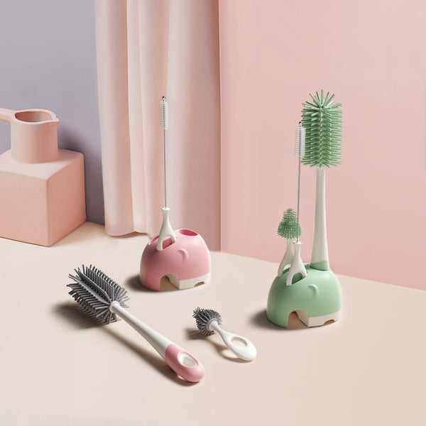 Bebamour Stand Baby Bottle Brushes for Cleaning 4 in 1 Soft Baby Bottle Brush, Teat Brush, Straw Cleaner, Water Storage Tray for Stand Bottle Brushes Cleaner Set