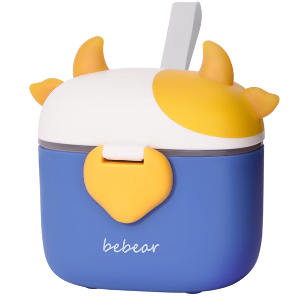 Bebamour Baby Milk Powder Dispenser Cute Dairy Cow Portable Milk Powder Storage Container for Travel Outdoor Activity Airtight Food Snacks Box with Lid, Leveler and Spoon, 450ML