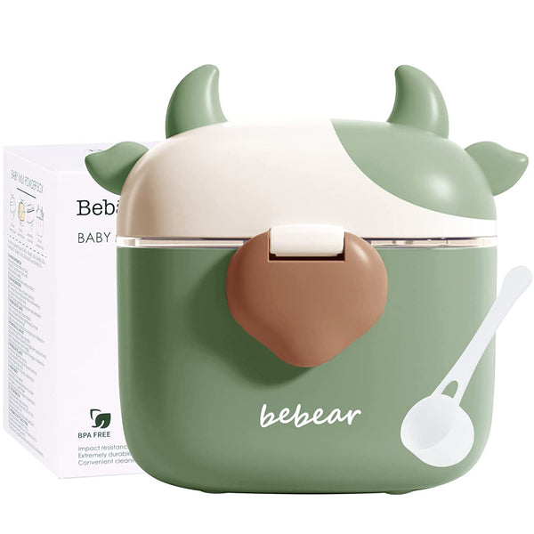 Bebamour Baby Milk Powder Dispenser Cute Dairy Cow Portable Milk Powder Storage Container for Travel Outdoor Activity Airtight Food Snacks Box with Lid, Leveler and Spoon, 450ML