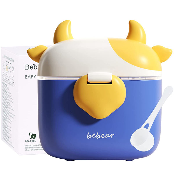 Bebamour Baby Milk Powder Dispenser Cute Dairy Cow Portable Milk Powder Storage Container for Travel Outdoor Activity Airtight Food Snacks Box with Lid, Leveler and Spoon, 450ML