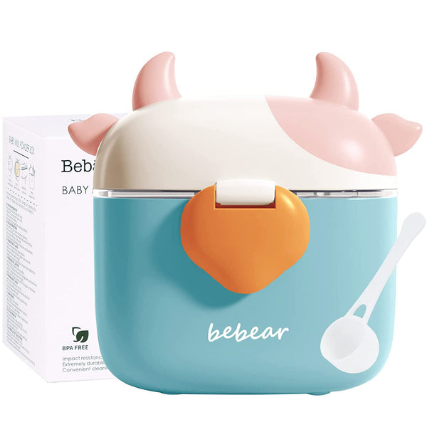 Bebamour Baby Milk Powder Dispenser Cute Dairy Cow Portable Milk Powder Storage Container for Travel Outdoor Activity Airtight Food Snacks Box with Lid, Leveler and Spoon, 450ML
