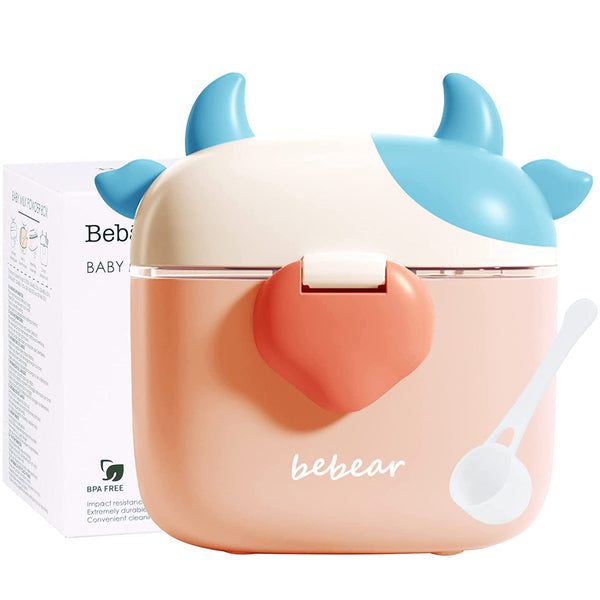 Bebamour Baby Milk Powder Dispenser Cute Dairy Cow Portable Milk Powder Storage Container for Travel Outdoor Activity Airtight Food Snacks Box with Lid, Leveler and Spoon, 450ML