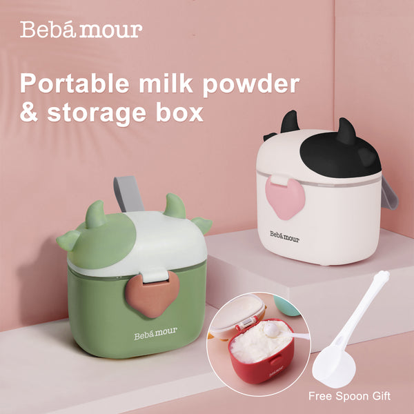 Bebamour Baby Milk Powder Dispenser Cute Dairy Cow Portable Milk Powder Storage Container for Travel Outdoor Activity Airtight Food Snacks Box with Lid, Leveler and Spoon, 450ML