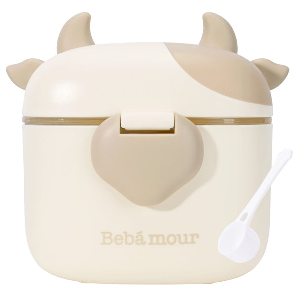 Bebamour Baby Milk Powder Dispenser Cute Dairy Cow Portable Milk Powder Storage Container for Travel Outdoor Activity Airtight Food Snacks Box with Lid, Leveler and Spoon, 450ML