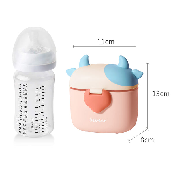 Bebamour Baby Milk Powder Dispenser Cute Dairy Cow Portable Milk Powder Storage Container for Travel Outdoor Activity Airtight Food Snacks Box with Lid, Leveler and Spoon, 450ML
