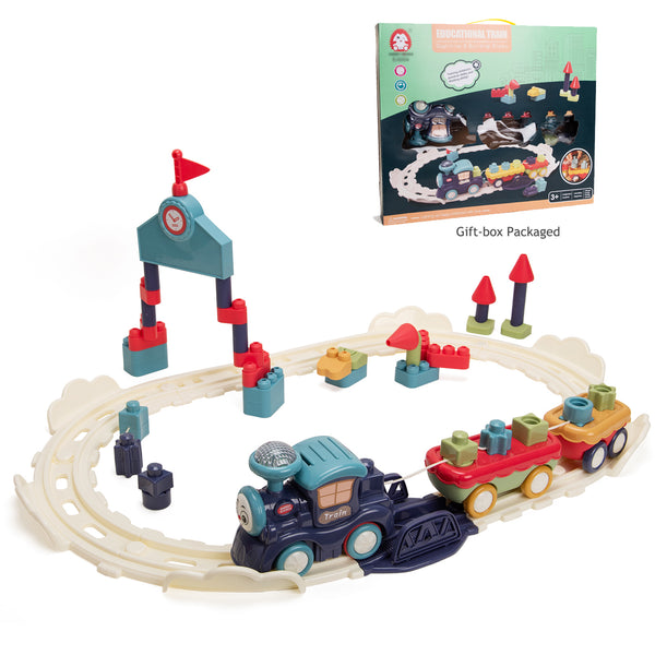 Bebamour Kids Play Trains and Trams Children Stacking Train Toy Set with Music Multicolor Battery Train for Kids Age 3+