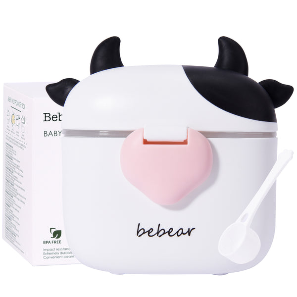 Bebamour Baby Milk Powder Dispenser Cute Dairy Cow Portable Milk Powder Storage Container for Travel Outdoor Activity Airtight Food Snacks Box with Lid, Leveler and Spoon, 450ML